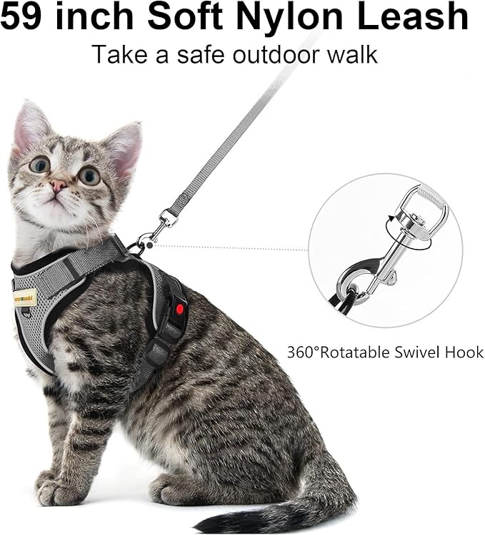 Cat Harness and Leash for Walking, Retractable Cat Harnesses and Leash Set Escape Proof, Breathable Soft Kitten Small Large Harness for Travel Training and Walking, Grey, XS