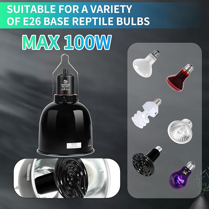 Reptile Light Fixture with Dimming Thermostat, 5.5 Inch Deep Dome Light Fixture with Timer, Reptile Aluminum Dome Fixture for Basking/Heat/UVA/UVB Lamp Bulb