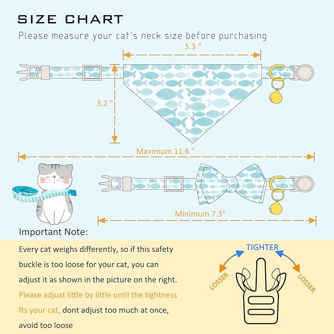 Faygarsle 2 Pack Fish Pattern Cat Collar Set with Bow Tie and Bandana, Light Blue and White, Breakaway Safety Collar with Bell