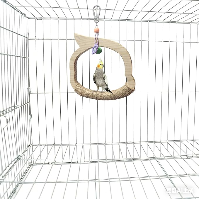 Wooden Bird Swing Perch Toy for Small and Medium Parrots, Natural Wood Ring with Bell and Rope Wrap, Hanging Cage Toy for Cockatiels, Budgies, Lovebirds, Conures