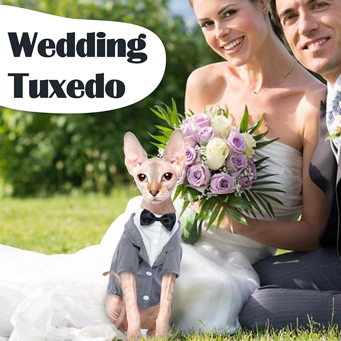 QBLEEV Cat Tuxedo Suit, Cat Halloween Costumes for Cats Only, Sphynx Cat Tuxedo Outfit Costume with Bow Tie, Kitten Formal Attire Wedding Birthday Onesie Clothes for Male Girl Hairless Cats