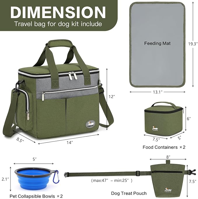 Dog Travel Bag for Pet Kit for Supplies with 2 Food Storage Containers 2 Collapsible Bowl 1 Feeding Mat 1 Dog Treat Pouch 7-Piece Set Perfect Road Trips Camping Weekend Doggy Gift Olive Green