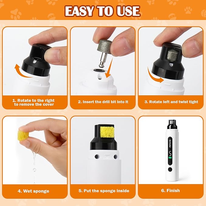 BABORUI Dog Nail Grinder Quiet, 5-Speed Pet Nail Grinder with Cooling Sponge & 3 Grinding Heads for Large Medium Small Dogs/Cats, Rechargeable Nail Trimmer with LED Light, Paws Grooming Smoothing Tool