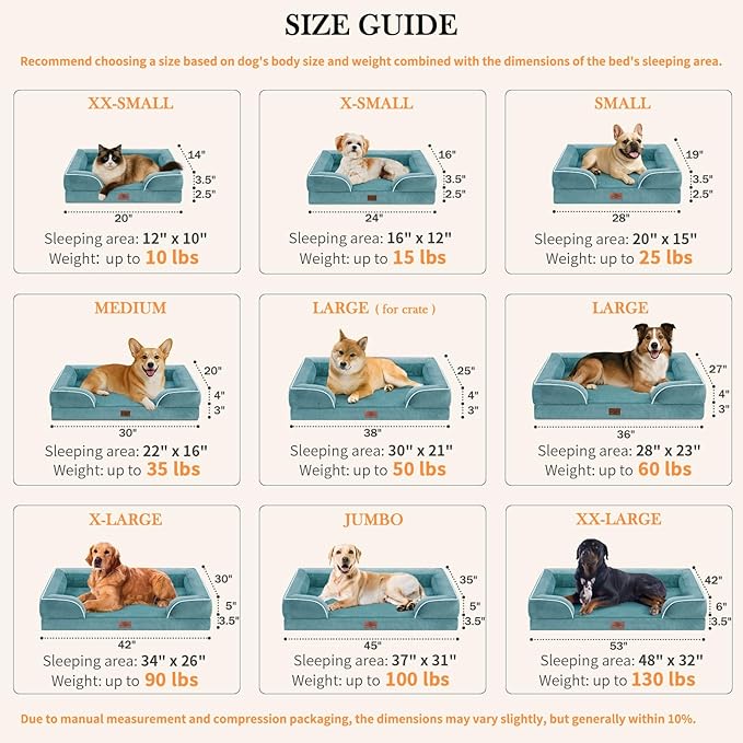 Comfort Expression Orthopedic Foam XL Dog Beds Waterproof, Extra Large Dog Bed with Bolster, Washable Pet Sofa Couch with Removable Cover & Non-Slip Bottom(X-Large,Washed Blue)