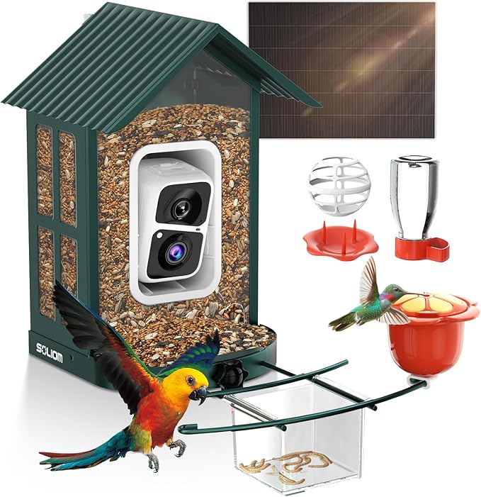 SOLIOM Solar Bird Feeder with Camera for Outdoors - Durable Metal AI Smart Birdhouse, 2K Live View & Instant Alerts, Squirrel Proof - Ideal Bird Watching Gift (Green)