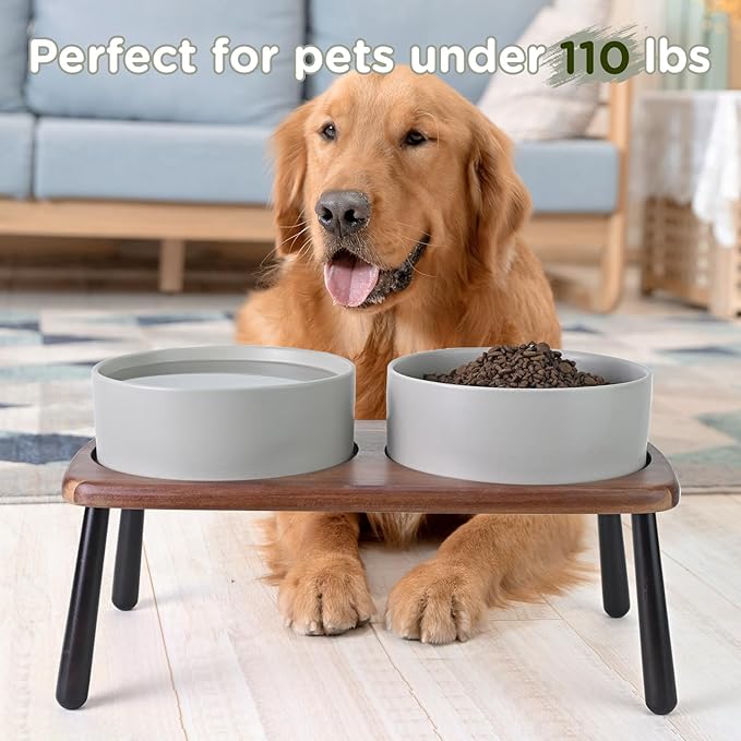 SPUNKYJUNKY Ceramic Elevated Dog Bowls Raised with Acacia Bamboo Wooden Stand, 8.3'' Dog Food Water Bowls Set Non-Slip for Medium Large Sized Breed Microwave Dishwasher Safe - 60 OZ,Grey