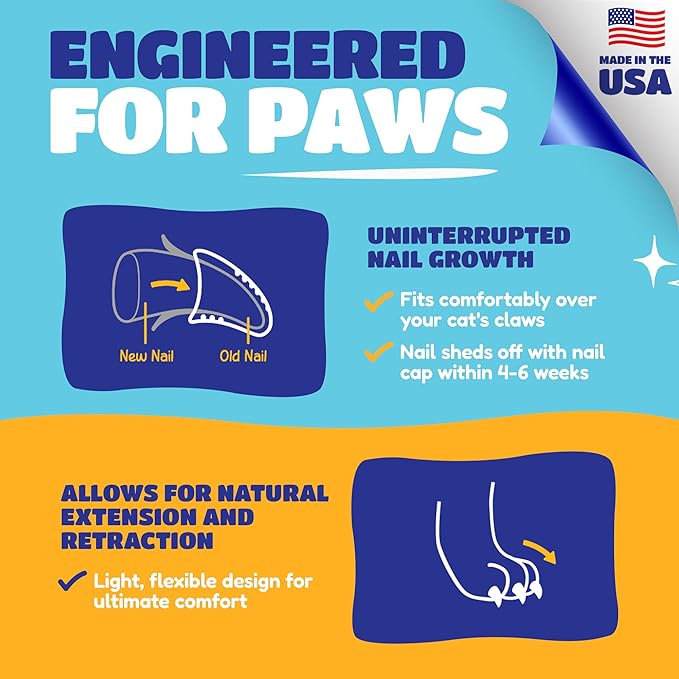 Soft Claws Cat Nail Caps for Large Cats – (40 Caps, Blue) - Made in USA - Veterinarian-Developed | Protects Furniture & Skin - Easy to Apply, Long-Lasting Anti-Scratch Soft Cat Claw Covers.