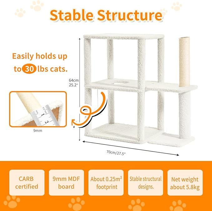 Cat Bed for Indoor Cats with Scratching Post Cat Beds Furniture Cave House 2-Storey Cats Hideaway Playhouse Condo with Fluffy Ball Toys for Pets Dark Grey