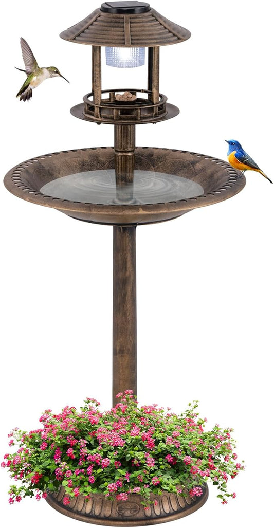 LDAILY Outdoor Bird Bath, 42’’ Solar Lighted Pedestal Birdbaths with Bird Feeder ,20’’ Water Bowl, Flower Planters and 3 Stakes, Attract Birds Antique Bird Bath for Outside Garden, Yard (Bronze, 42‘’)