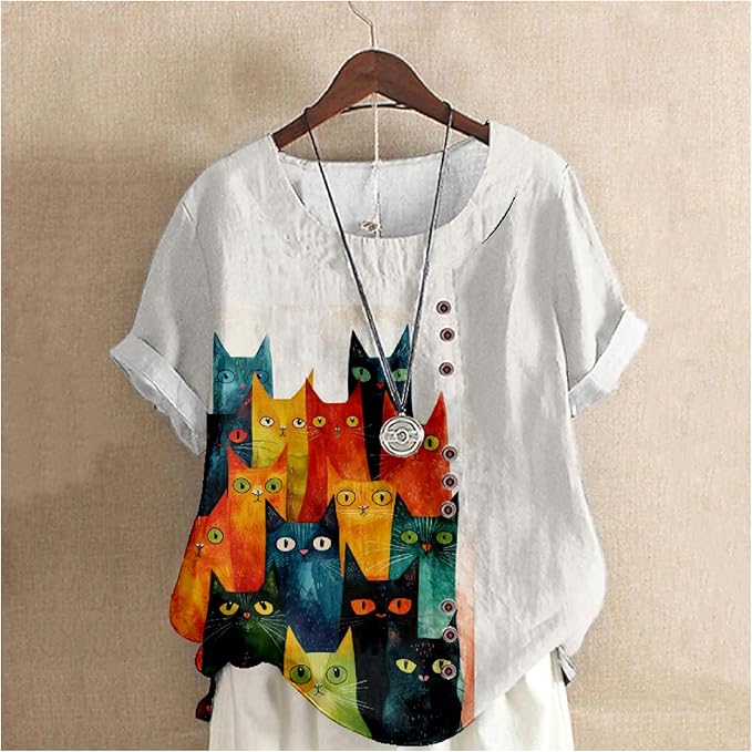 Japanese Print Women Summer Shirts Flower Bird Graphic Plus Size Tunic Tops Crewneck Short Sleeve Blouses