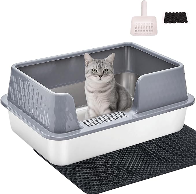 Stainless Steel Litter Box with Lid Cover Mats Scooper, Kitten Litter Box Low Entry, Suitable for Small Space Senior Cats, Side Entry, Grey Enclosure