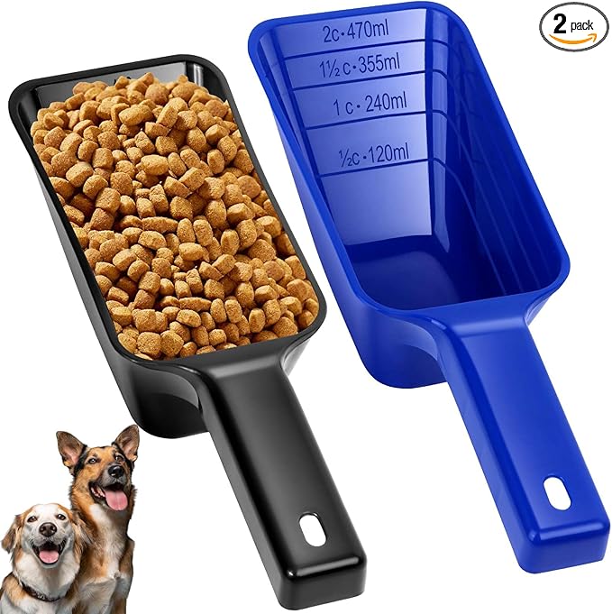 2 Cup Dog Food Scoop(2 Pack), Plastic Pet Food Scoop with Measuring Lines for Accurate Pet Food Portions,Dishwasher Safe (Black and Blue)