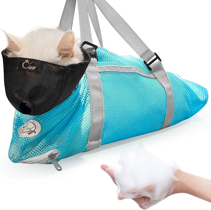 Cinf Cat Bathing Bag(Free Muzzle) Breathable Mesh Anti Scratch Adjustable Cat Grooming Bag for Nail Trimming, Bathing Soft Cat Washing Bag(Light Blue) L