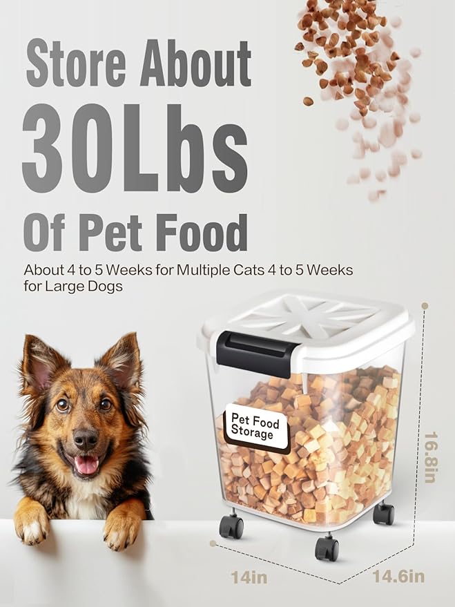 LivLab Mker Airtight Rice Storage Container 50 lbs, Attachable Wheels, for Dog Cat Bird and other Pet Food Storage Bin, Keep Fresh, Easy Mobility, BPA Free, White