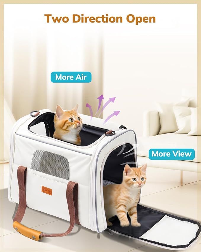 Morpilot Cat Carrier - Soft Sided Cat Carrier Large for Big Medium Cats and Puppy up to 18lbs, Pet Carrier with Safety Zippers, Foldable Bowl, Airline Approved Large Dog Carrier - Beige