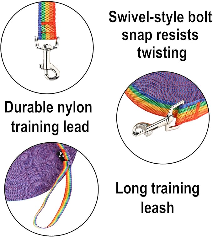 Hi Kiss Dog/Puppy Obedience Recall Training Agility Lead - 15ft 20ft 30ft 50ft 100ft Training Leash - Great for Training, Play, Camping, or Backyard (30 Feet, Rainbow)