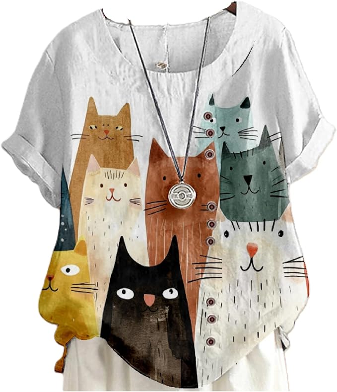 Japanese Print Women Summer Shirts Flower Bird Graphic Plus Size Tunic Tops Crewneck Short Sleeve Blouses