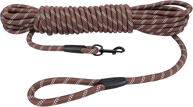 Long Dog Leash for Training 50Ft-Reflective Nylon Rope with Swivel Hook-Recall Agility Lead for Large Small Medium Dogs Outside Walking Hiking-Brown Diam 1/2"