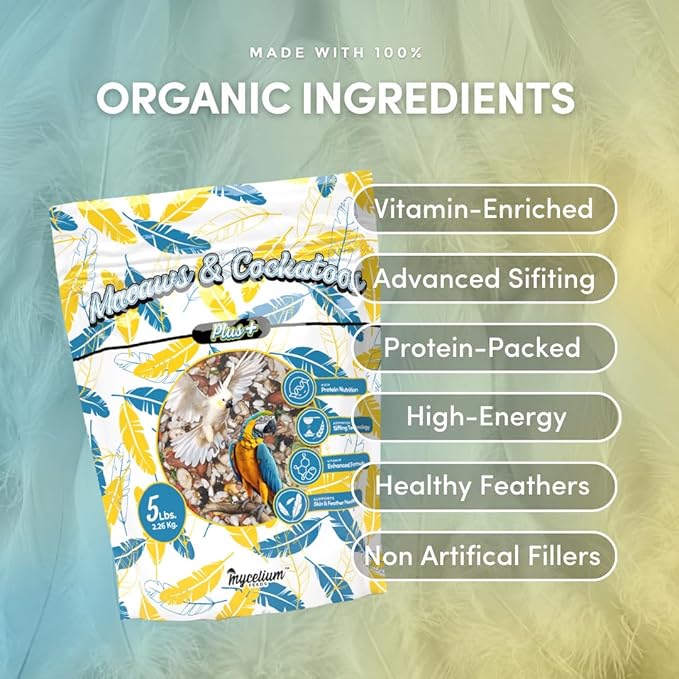 Mycelium Organic Macaw & Cockatoo Plus Bird Food (5 LBS) | High-Protein Bird Seed for Large Birds | Vitamin-Enriched Daily Nutrition | Skin & Feather Support | Non-GMO & USA Made