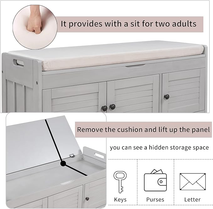 Storage Bench with 3 Shutter-Shaped Doors, Wood Shoe Bench with Removable Cushion and Hidden Storage Space for Entryway, Living Room, Hallway 43.5" L*16" W*18" H (Gray Wash Pine)