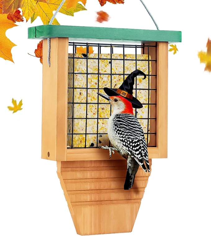 Wooden Suet Bird Feeder for Outside Hanging, Woodpecker Suet Feeder with Tail Prop, Hanging Bird Feeder for Wild Birds, 1 Pack, Green