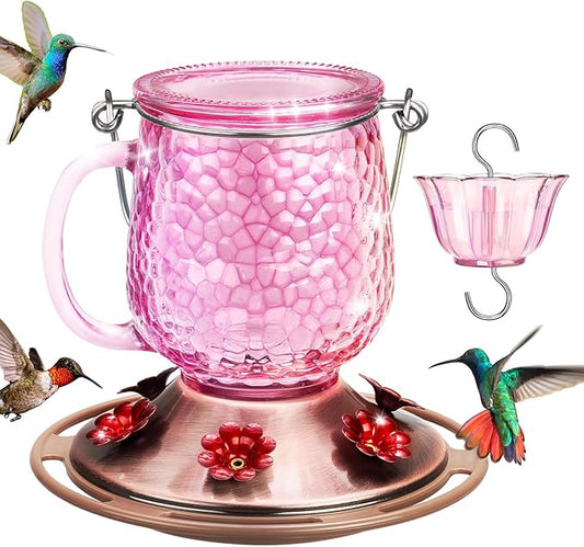 Kingsyard Glass Hummingbird Feeders for Outdoors, 16 Oz Wild Bird Feeder 6 Feeding Ports & Ant Moat Included, Hanging Bird Nectar Feeder for Garden Tree Yard Outside Decoration, Pink
