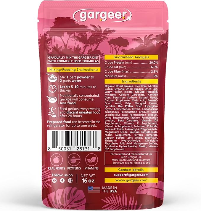 16oz Complete Crested Gecko Food Diet. Premium Ingredients Mix, Ready to Use Freshly Made Powder. Unique Superfood Formula, Developed & Made in The USA. Enjoy!
