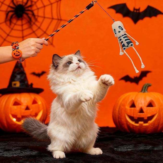 Walfront 4PCS Halloween Cat Toys, Wand Teaser Toys with Bells, Pumpkin, Ghost, Eyeball and Skull, Kitten Interactive Toys, Plush Kitten Plaything Gift Set