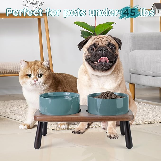 SPUNKYJUNKY Ceramic Elevated Dog Bowls Raised with Acacia Bamboo Wooden Stand, 6.1'' Dog Cat Food Water Bowls Set Non-Slip for Small Medium Sized Breed Microwave Dishwasher Safe - 28.7 OZ,Dark Green