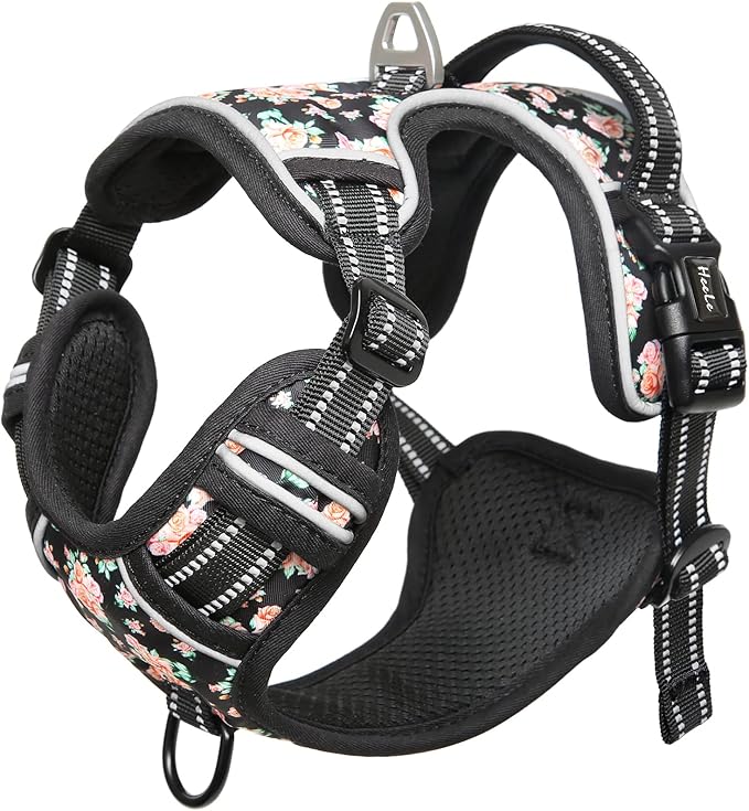 HEELE Dog Harness, No Pull Adjustable Padded Reflective Harness for Small Medium Large Dogs with Handle for Walking Training, Flower-Black, XL
