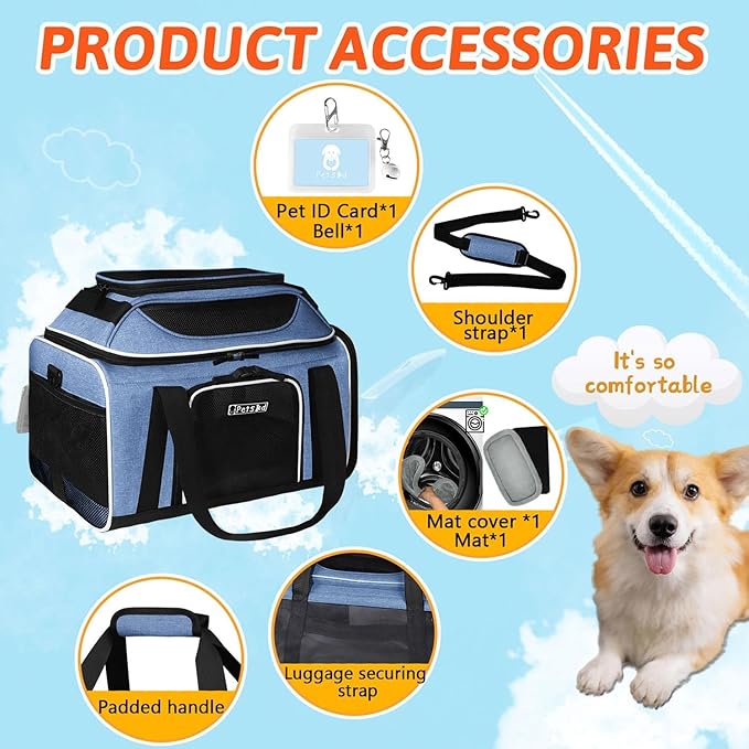 Petskd Top-Expandable Pet Carrier 18x13x9.5 Inches Southwest Airline Approved, Soft-Sided Carrier for Small Cats and Dogs with Locking Safety Zippers and Anti-Scratch Mesh(Blue)