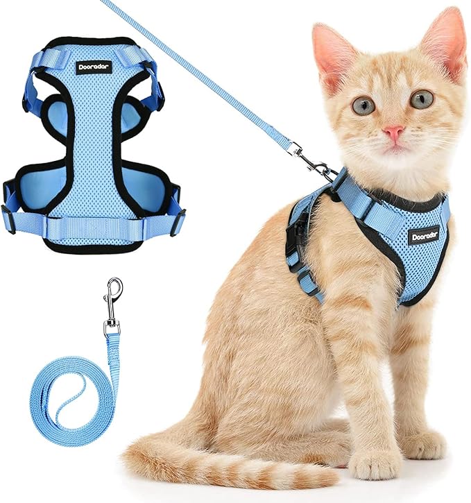 Dooradar Cat Harness and Leash Set, Escape Proof Safe Adjustable Kitten Vest Harnesses for Walking, Easy Control Soft Breathable Mesh Jacket with Reflective Strips for Cats, Light Blue, S
