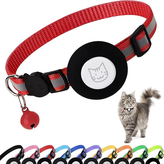Airtag Cat Collar with Bell, Reflective Nylon Kitten Collar with Apple Air Tag Holder and Breakaway Safety Buckle for Puppy Girl Boy Cats, 3/8" in Width and Lightweight, Red