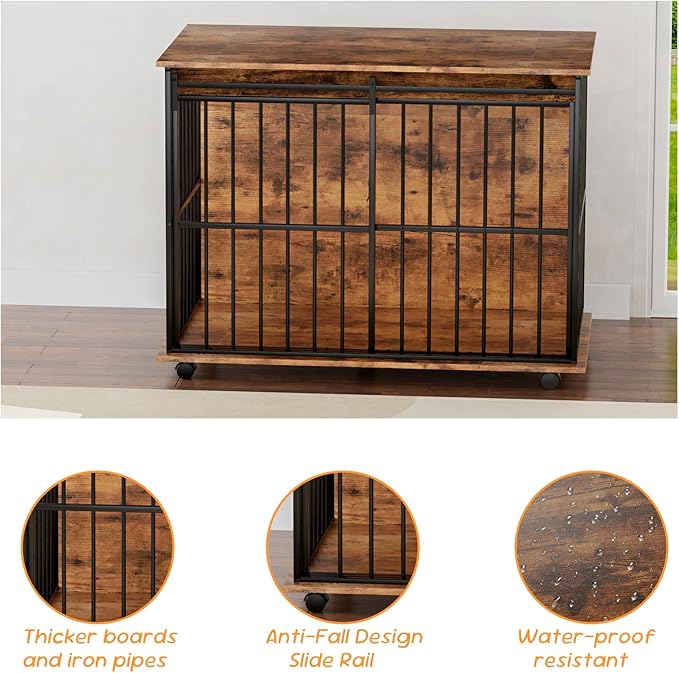43.7" Dog Crate Furniture, XL Dog Crate Dog Kennel Indoor with Wheels for Large Medium Small Dogs, Wooden Dog Kennel End Table with Sliding Door Wooden Furniture Crates for Living Room, Bedroom