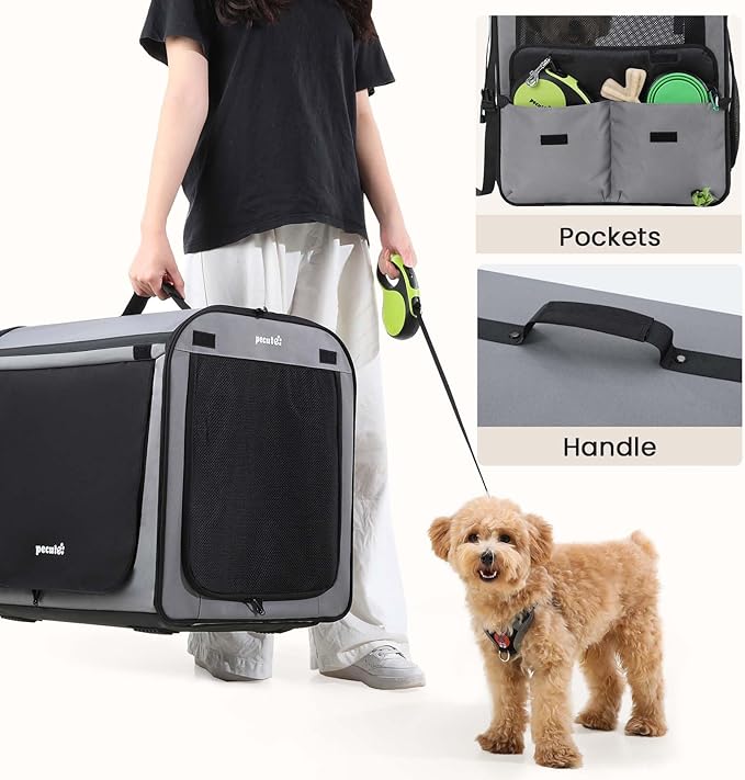 Dog Car Carrier Light Weight, Dog Carrier for Car Easy to Assemble, Dog Car Crate Portable and Breathable, Foldable Pet Carrier for Both Indoor and Outdoor Use, Dog Travel Crate with Curtain Gray