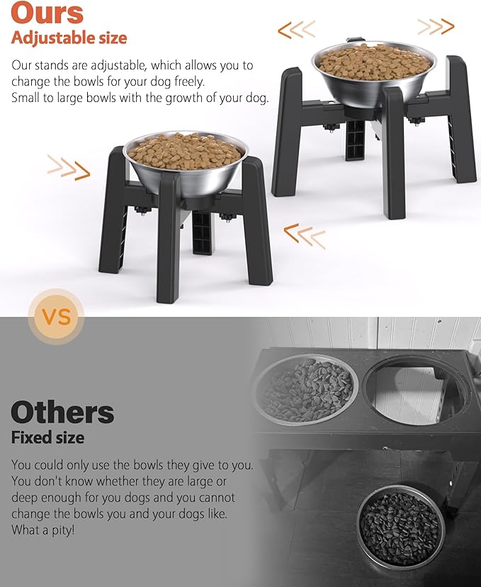 CZPET Dog Bowl Stand, 51 oz Large Capacity Raised Elevated Dog Food/Water Stainless Steel Feeder, Size Adjustable & Anti-Slip Stand for Medium Dogs (2 Pack)