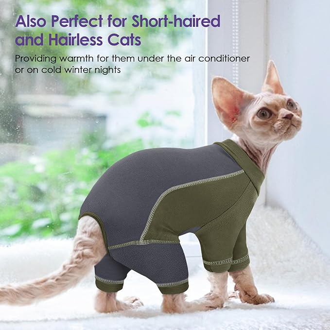 SUNFURA Hair Sticky Cat Clothes, Cat Sweater for Cats Only, 4-Legged Fleece Sweaters Kitten Pajamas Reduce Shedding Fur, Warm Pullover Shirts for Cats, Army Green XL