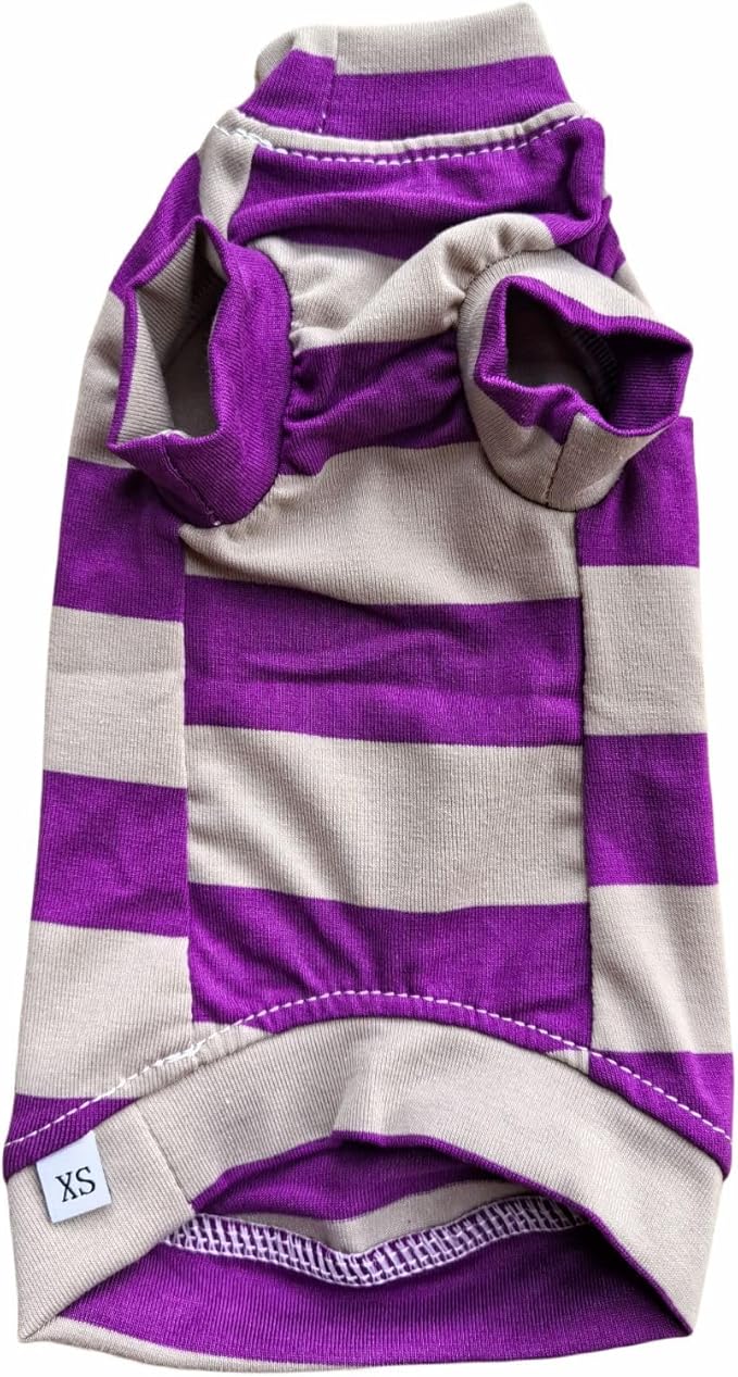 Vintage Stripes Sphynx Hairless Cats Shirt Cotton Cat Turtleneck Pet Clothes Kitten T-Shirts with Sleeves for Sphynx Cats (Wide Purple Grey Stripe, X-Small)