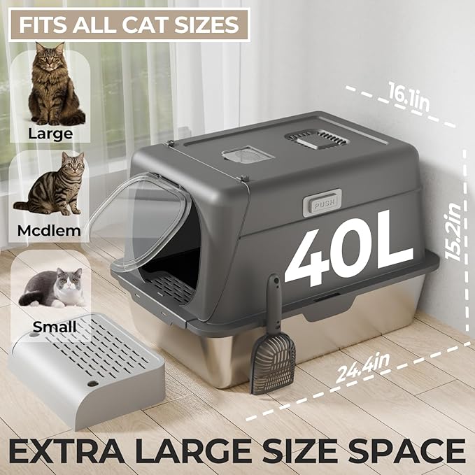 XX-Large Stainless Steel Cat Litter Box with Lid – Fully Enclosed Large Litter Box for Big Cats, Odor Control with Magnetic Door, Easy Clean, Multi-Cat Durable Metal Pan (Natural Color)