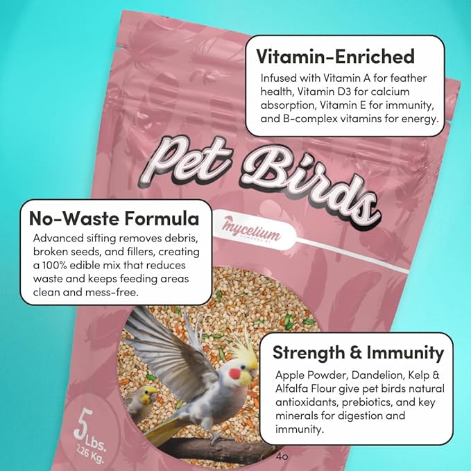 Mycelium Pet Bird Superfood | Bird Seed for Parakeets, Finches, Canaries | Vitamin-Enhanced Mix with Egg, Millet, Canary Seed, & Kelp | Feather & Molting Support | Organic & Non-GMO 5 lb Bag
