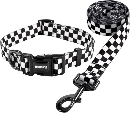 Ihoming Dog Collar and Leash Set for Daily Outdoor Walking Running Training, Chess Board Design for Small Boys Girls Dogs Cats Pets, S-Up to 20LBS