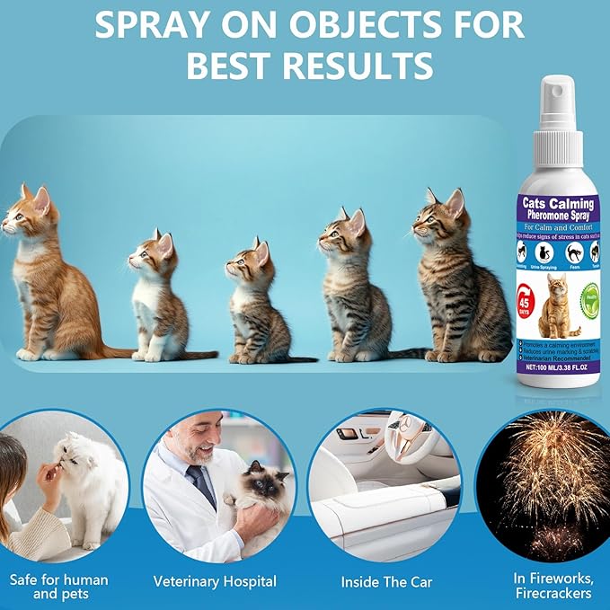 【𝐇𝐢𝐠𝐡𝐥𝐲 𝐄𝐟𝐟𝐞𝐜𝐭𝐢𝐯𝐞】Cat Calming Pheromone Spray for Stress & Anxiety Relief – Reduces Scratching, Urine Spraying, Hiding – Drug-Free & Vet Recommended – with F3 Facial Pheromone 6.76oz