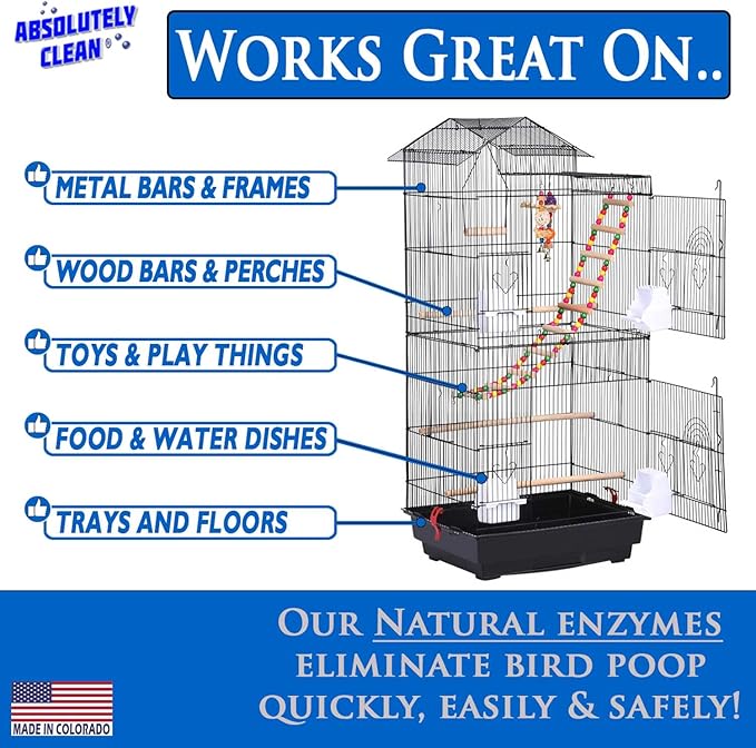 Absolutely Clean Amazing Bird Cage Cleaner and Deodorizer - Just Spray/Wipe - Safely & Easily Removes Bird Messes Quickly and Easily - Made in The US - Fragrance Free (32oz Pack of 1)