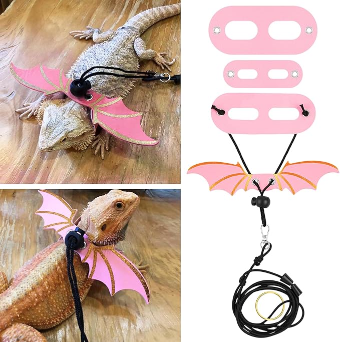 Bearded Dragon Leash and Harness Set, Adjustable Leather Reptile Lizard Leashes 3 Size Dinosaur Wing Lizards Harness Leash for Bearded Dragon Lizard Reptiles