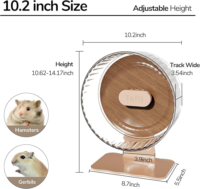Silent Hamster Wheel 10.5 Inch Dual-Bearings Quiet Running Exercise Wheels with Wood Grain Backboard, Height Adjustable for Syrian Hamsters, Gerbils, Mice, Hedgehog, Lemmings, Warm Brown
