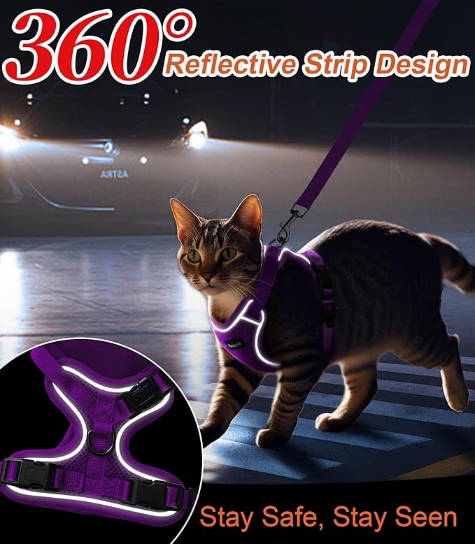 Cat Harness and Leash for Walking Escape Proof Soft Adjustable Cat Leash Breathable Comfortable Vest Easy to Wear Kitten Harness for Outdoor Travel Purple S