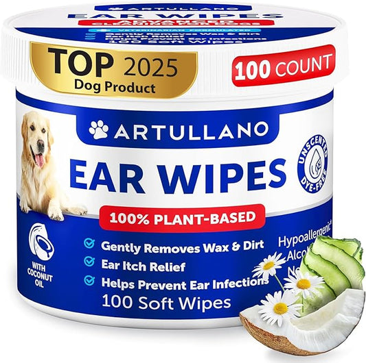 Dog Ear Wipes - 100 ct - Removes Wax and Dirt - Soothing Ear Cleaner Wipes for Dogs, Puppies - 100% Plant Based, Unscented with Coconut Oil - Ear Infection Treatment to Relief Itching & Inflammation