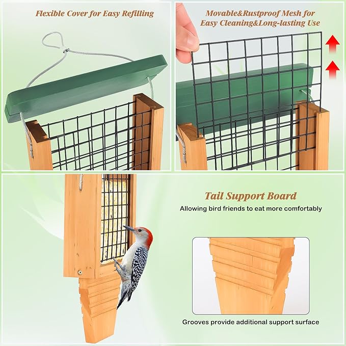 Wooden Suet Bird Feeder for Outside Hanging, Woodpecker Suet Feeder with Tail Prop, Hanging Bird Feeder for Wild Birds, 1 Pack, Green
