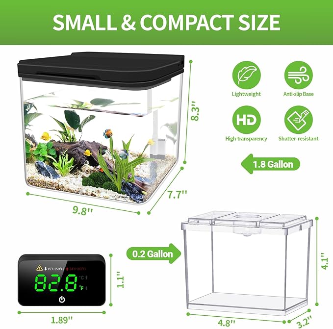 Small Fish Tank Kit, 1.8-Gal Aquarium Kit with Digital Thermometer and Temporary Tank, Self-Cleaning & 18 LED Lights, Lightweight & Shatter-Resistant Betta Fish Tank (Black)