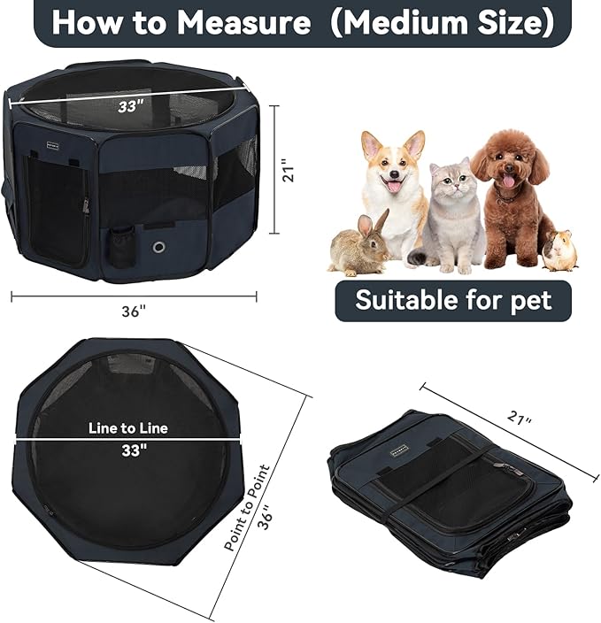 PETSFIT 36" Dog Playpen with Dual Zipper Doors –Sturdy Foldable Puppy Playpen for Medium Dogs with Removable Mesh Top and Leakproof Bottom